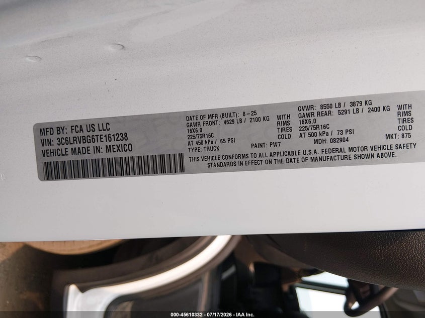 2026 Ram Promaster 1500 Tradesman High Roof 136 Wb W/Pass Seat VIN: 3C6LRVBG6TE161238 Lot: 45610332