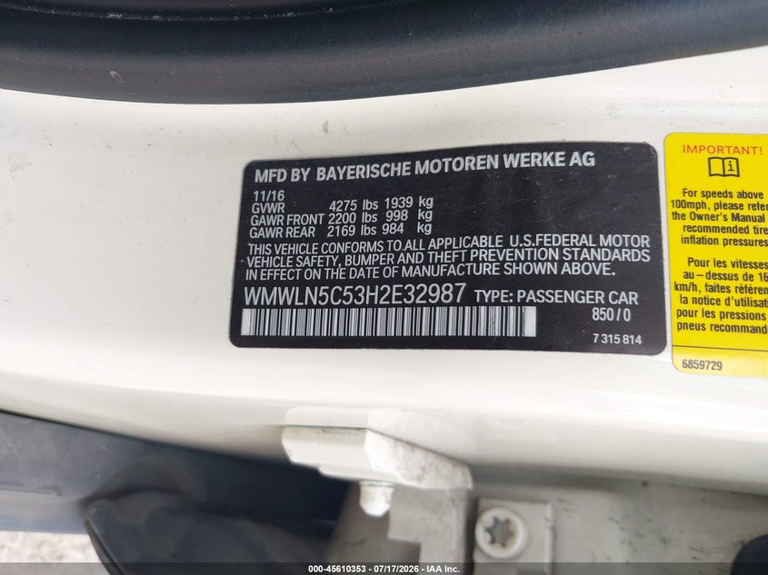 2017 Mini Clubman Cooper VIN: WMWLN5C53H2E32987 Lot: 45610353