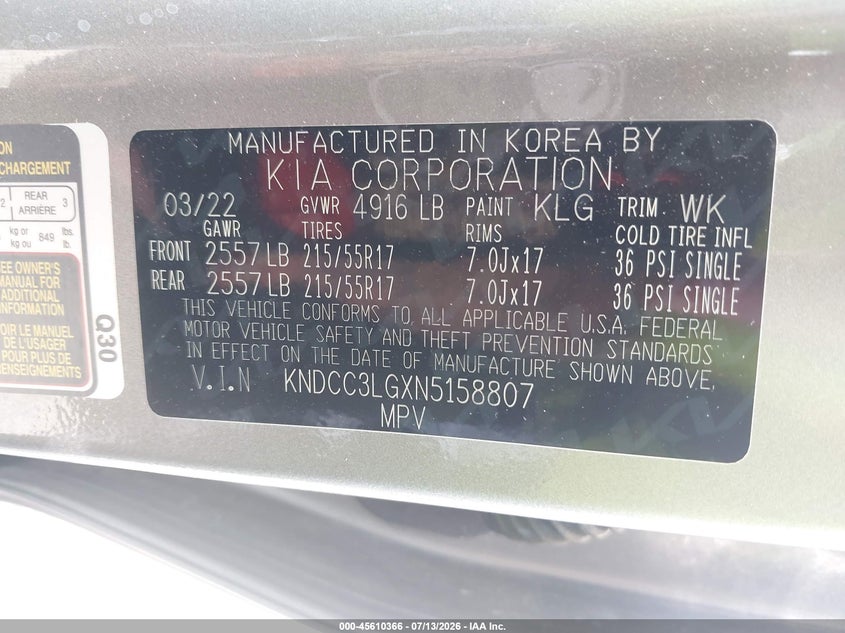 2022 Kia Niro Ev Ex VIN: KNDCC3LGXN5158807 Lot: 45610366
