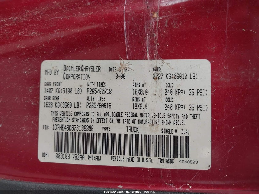2007 Dodge Dakota Slt VIN: 1D7HE48K87S136396 Lot: 45610384