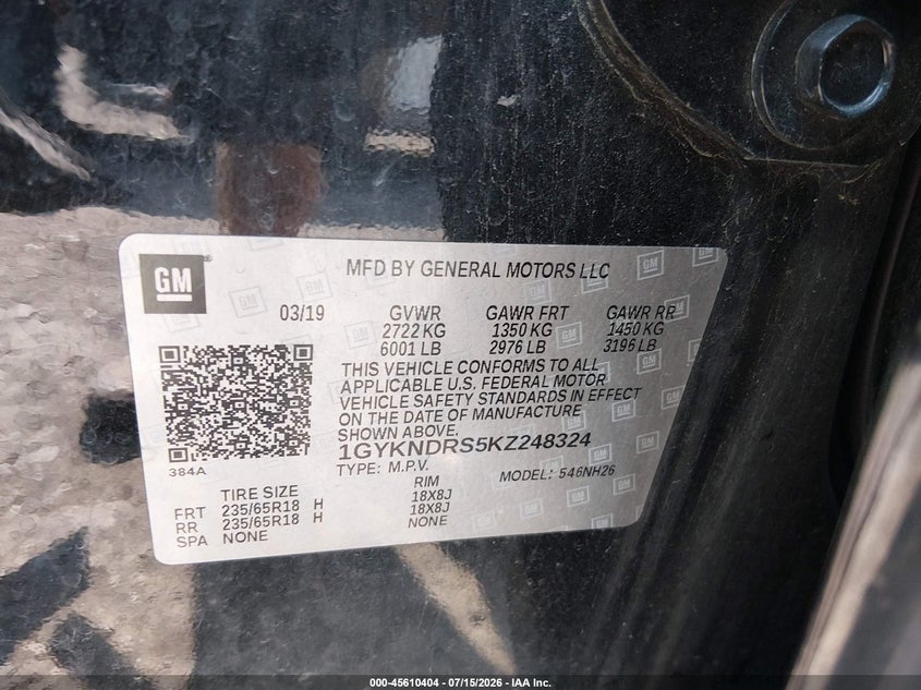 2019 Cadillac Xt5 Luxury VIN: 1GYKNDRS5KZ248324 Lot: 45610404