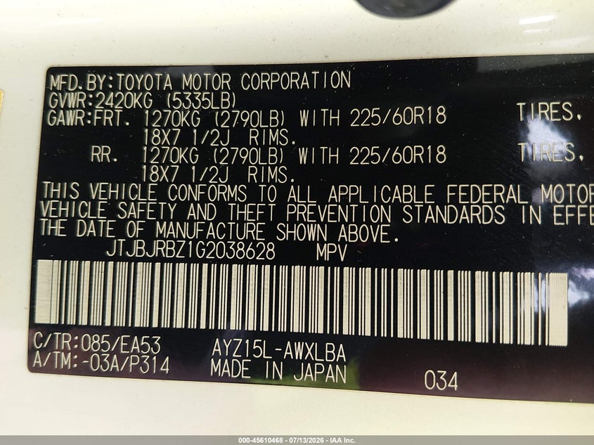 2016 Lexus Nx 300H VIN: JTJBJRBZ1G2038628 Lot: 45610468