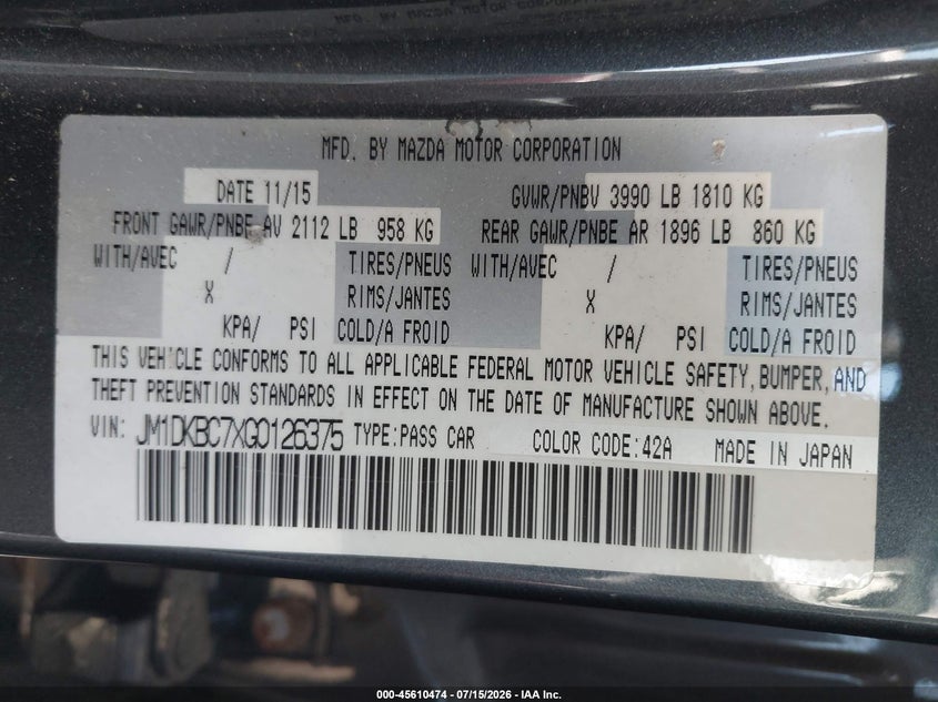 2016 Mazda Cx-3 Touring VIN: JM1DKBC7XG0126375 Lot: 45610474