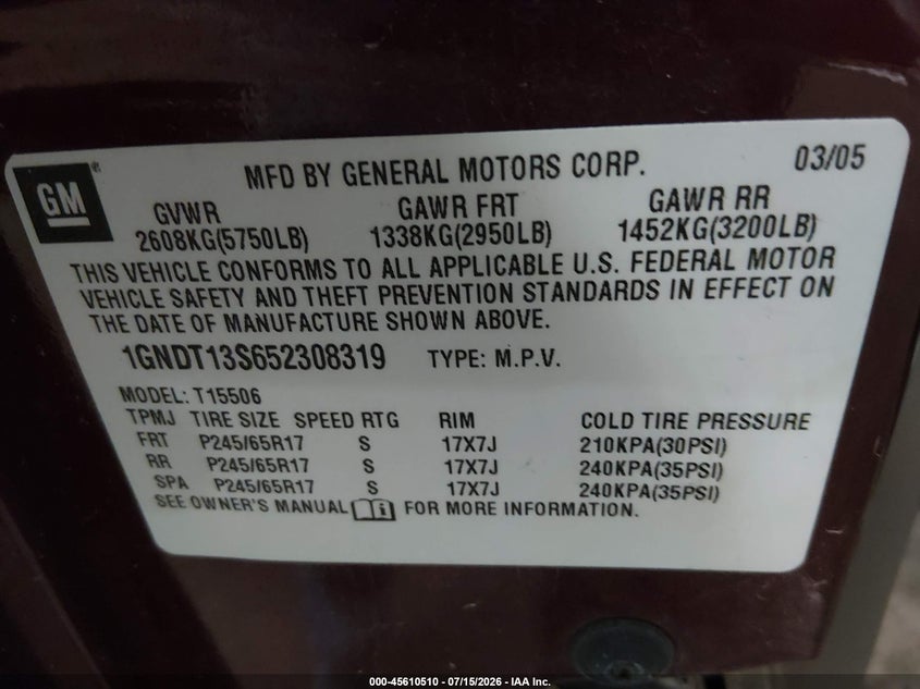 2005 Chevrolet Trailblazer Ls VIN: 1GNDT13S652308319 Lot: 45610510