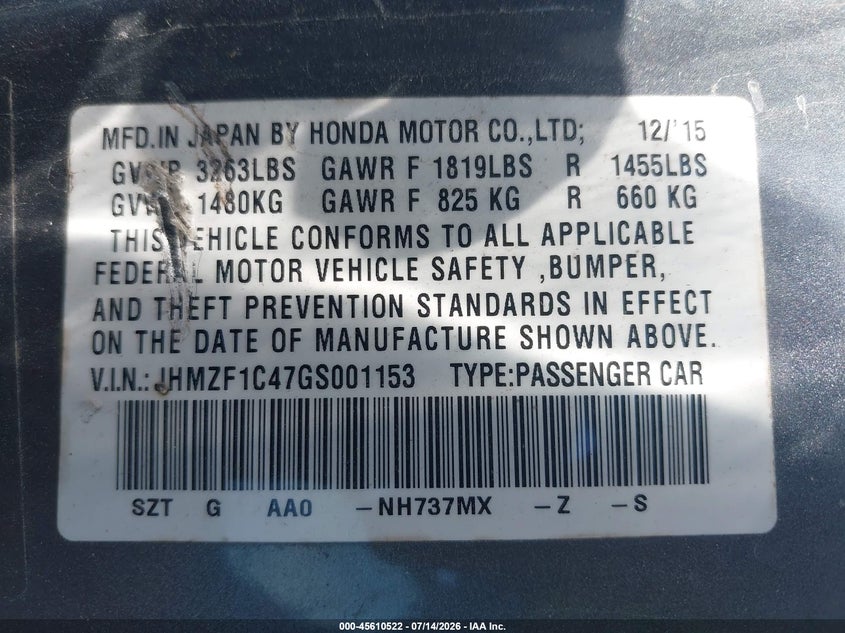 2016 Honda Cr-Z Lx VIN: JHMZF1C47GS001153 Lot: 45610522