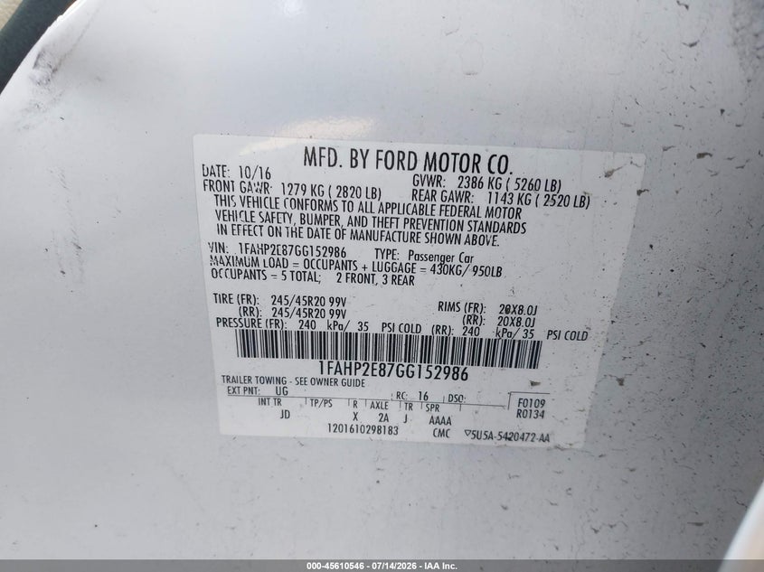 2016 Ford Taurus Sel VIN: 1FAHP2E87GG152986 Lot: 45610546