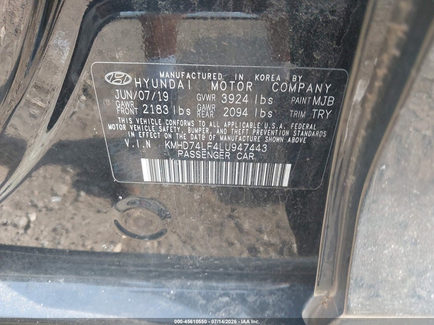 HYUNDAI ELANTRA 2020 VIN KMHD74LF4LU947443