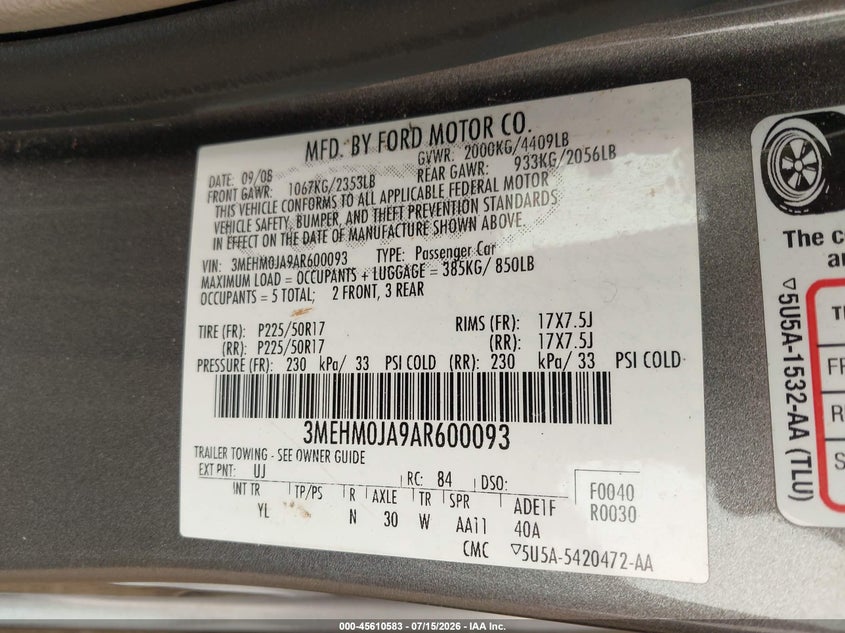 2010 Mercury Milan Premier VIN: 3MEHM0JA9AR600093 Lot: 45610583