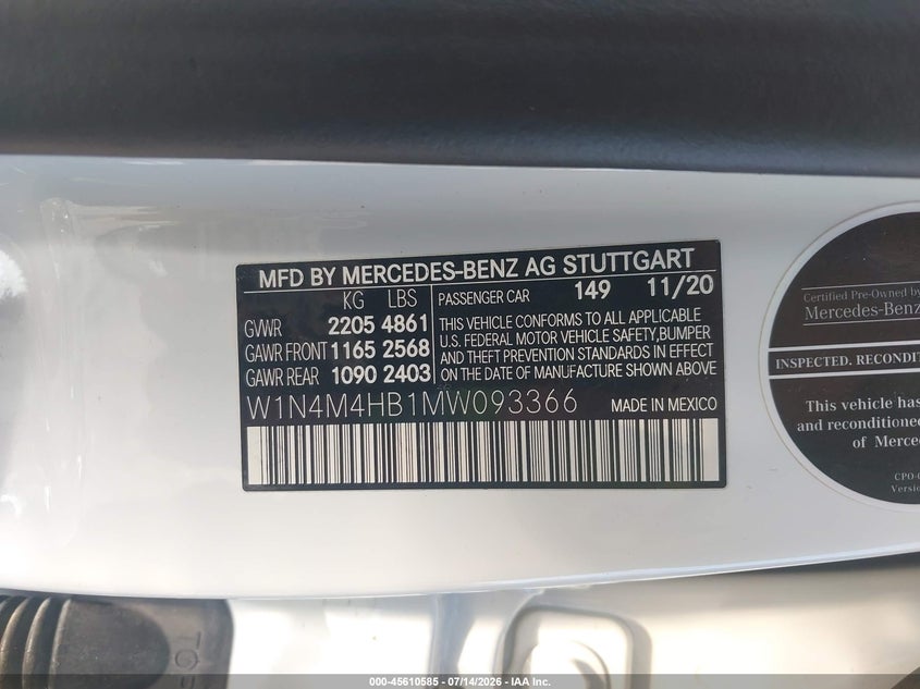 2021 Mercedes-Benz Glb 250 4Matic VIN: W1N4M4HB1MW093366 Lot: 45610585