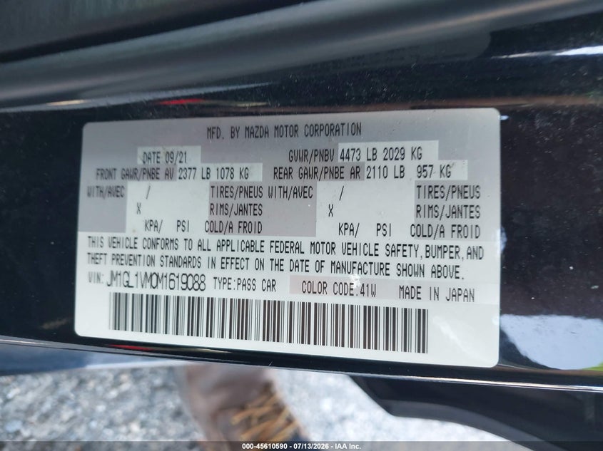 2021 Mazda Mazda6 Touring VIN: JM1GL1VM0M1619088 Lot: 45610590