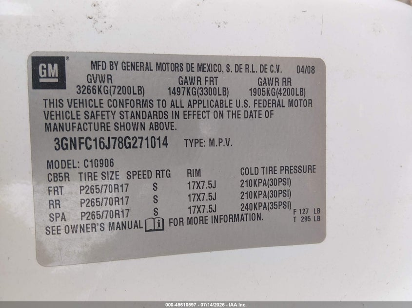 2008 Chevrolet Suburban 1500 Lt VIN: 3GNFC16J78G271014 Lot: 45610597