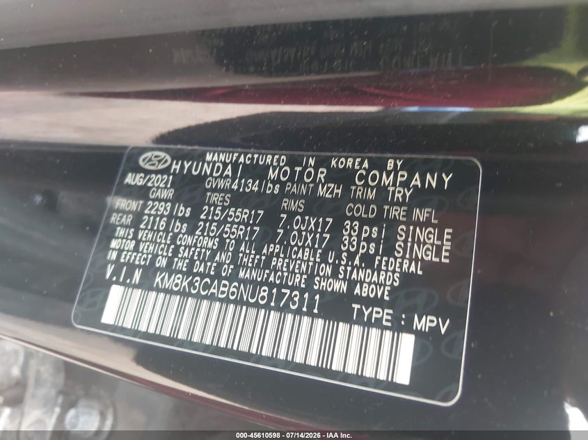 2022 Hyundai Kona Sel VIN: KM8K3CAB6NU817311 Lot: 45610598