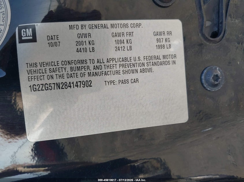 2008 Pontiac G6 VIN: 1G2ZG57N284147902 Lot: 45610617