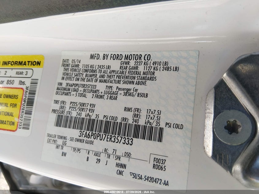 2014 Ford Fusion Energi Se Luxury VIN: 3FA6P0PU7ER357333 Lot: 45610618