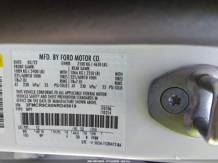 2022 Ford Bronco Sport Outer Banks VIN: 3FMCR9C60NRD45619 Lot: 45610636