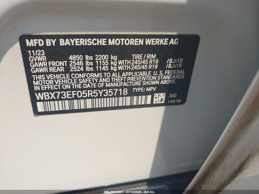 BMW X1 2024 VIN WBX73EF05R5Y35718