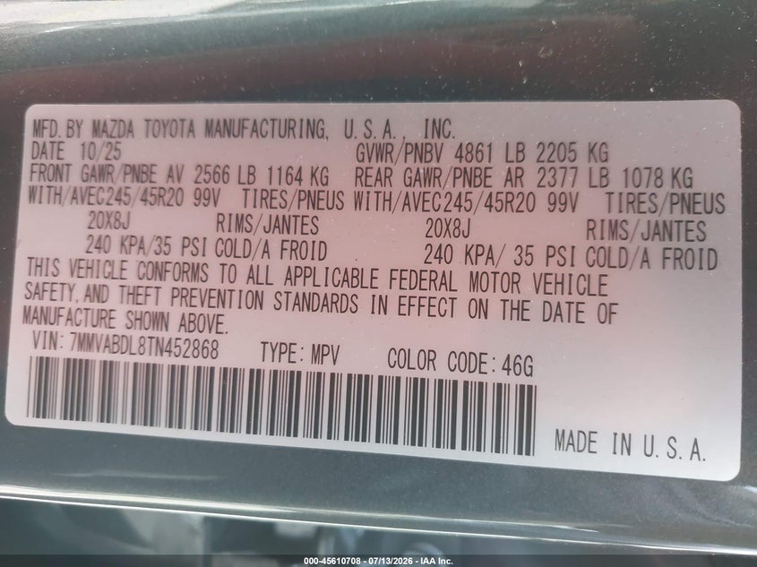 2026 Mazda Cx-50 2.5 S Premium VIN: 7MMVABDL8TN452868 Lot: 45610708