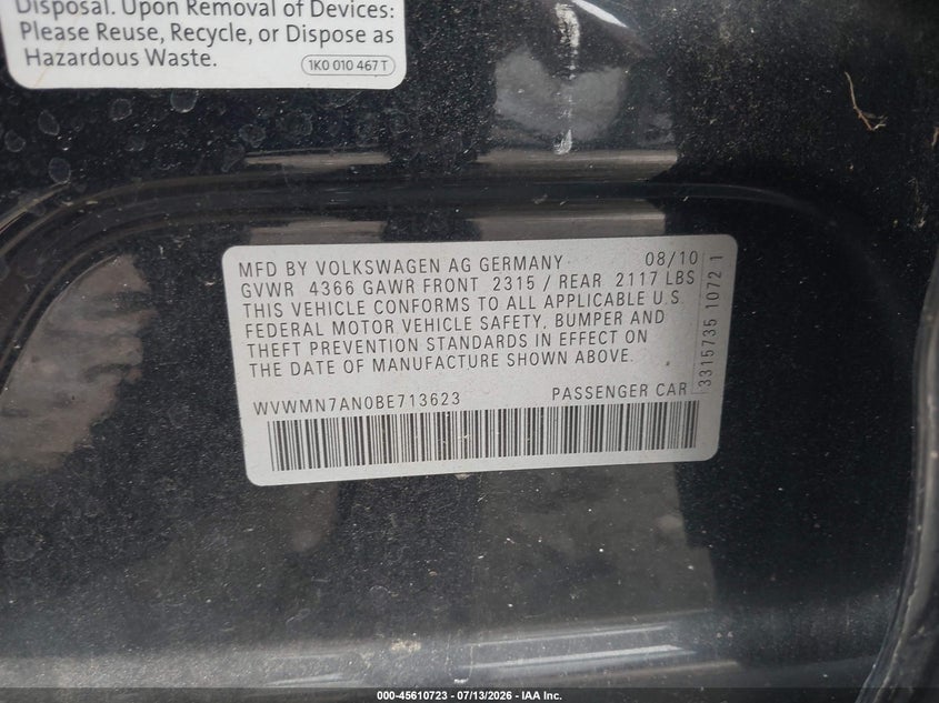 2011 Volkswagen Cc Sport VIN: WVWMN7AN0BE713623 Lot: 45610723