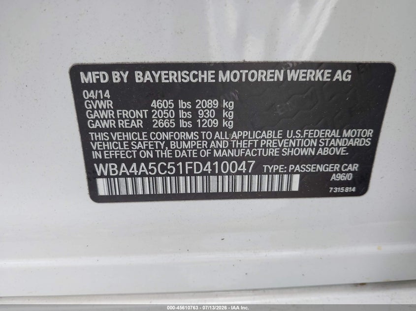 2015 BMW 428 Gran Coupe VIN: WBA4A5C51FD410047 Lot: 45610763