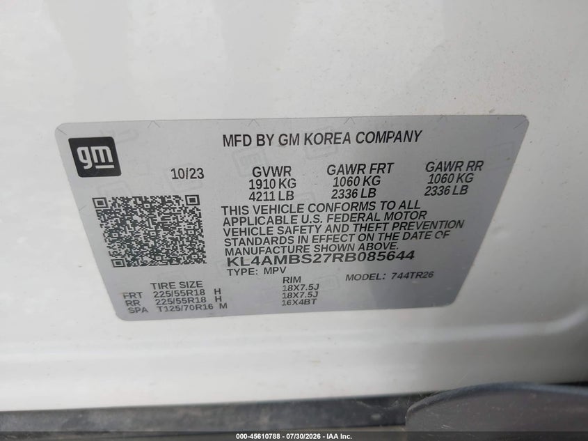 Vin: kl4ambs27rb085644, lot: 46109238, buick encore gx preferred fwd 20244