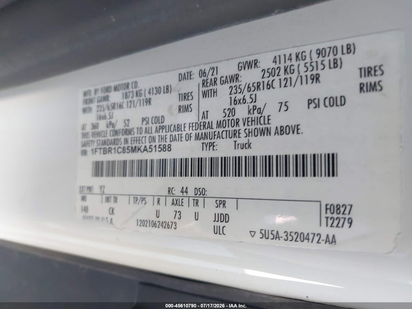 2021 Ford Transit-250 VIN: 1FTBR1C85MKA51588 Lot: 45610790