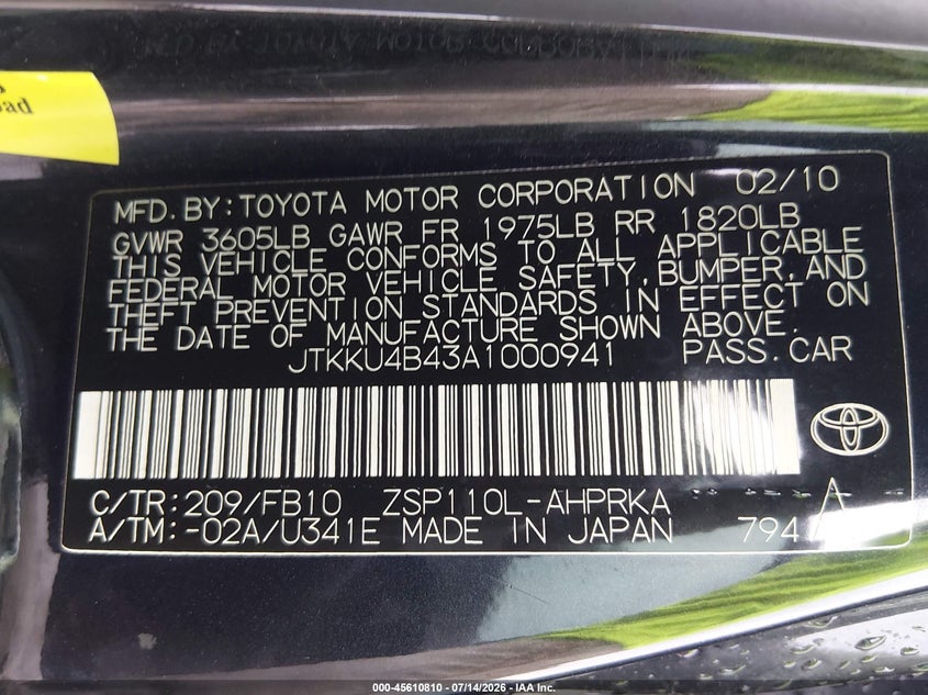 2010 Scion Xd VIN: JTKKU4B43A1000941 Lot: 45610810