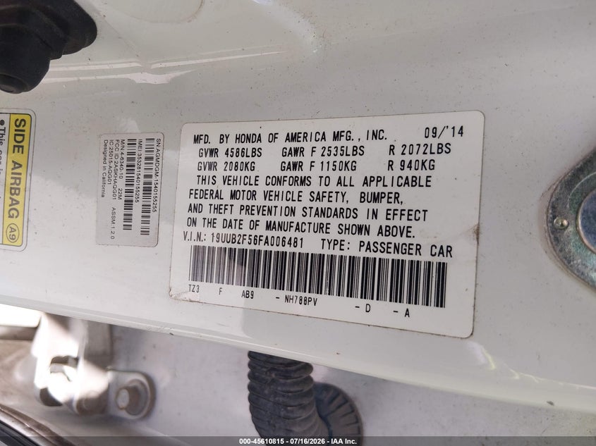 2015 Acura Tlx V6 Tech VIN: 19UUB2F56FA006481 Lot: 45610815