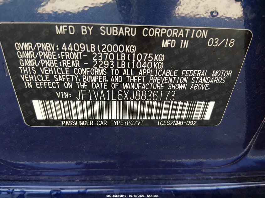 2018 Subaru Wrx Limited VIN: JF1VA1L6XJ8836173 Lot: 45610819