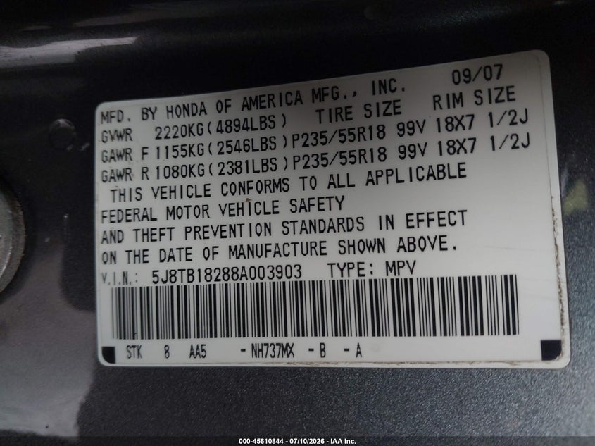 2008 Acura Rdx VIN: 5J8TB18288A003903 Lot: 45610844