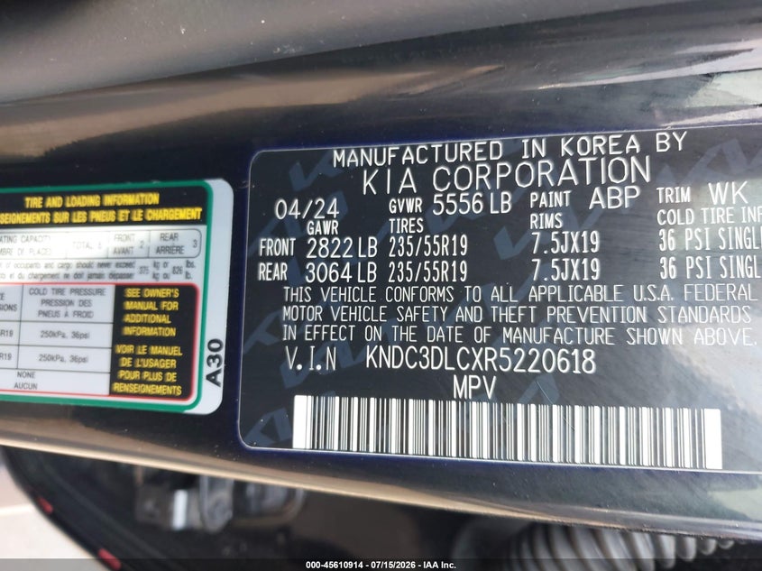 2024 Kia Ev6 Light Long Range VIN: KNDC3DLCXR5220618 Lot: 45610914