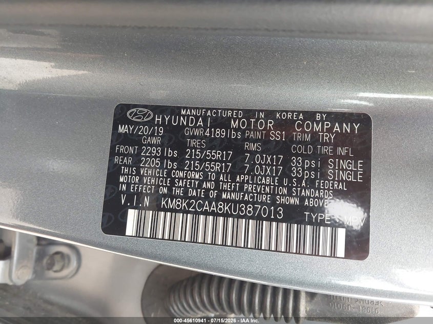 2019 Hyundai Kona Sel VIN: KM8K2CAA8KU387013 Lot: 45610941