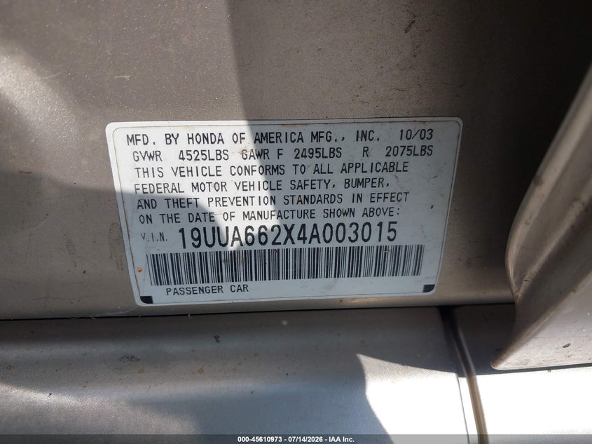 2004 Acura Tl VIN: 19UUA662X4A003015 Lot: 45610973