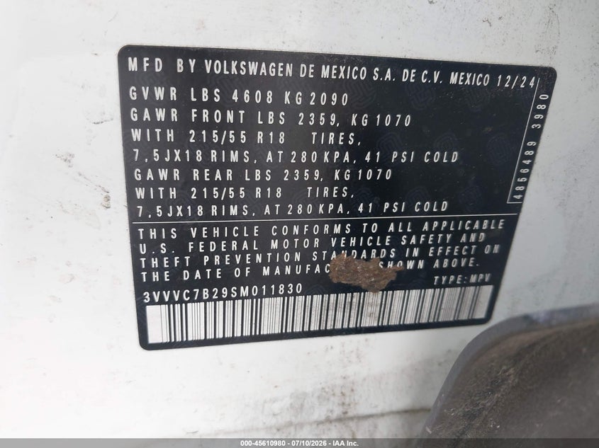 2025 Volkswagen Taos 1.5T Se VIN: 3VVVC7B29SM011830 Lot: 45610980