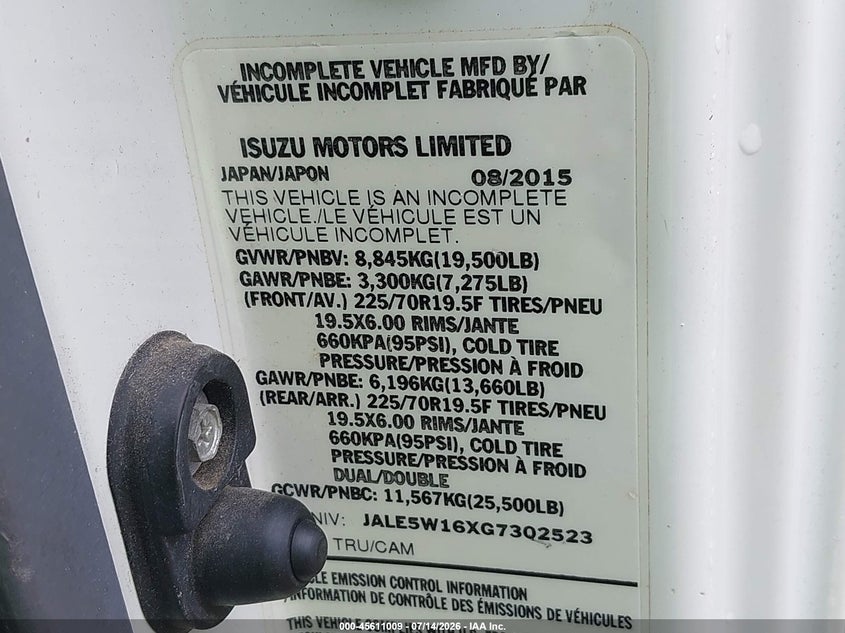 2016 Isuzu Dsl Reg At VIN: JALE5W16XG7302523 Lot: 45611009