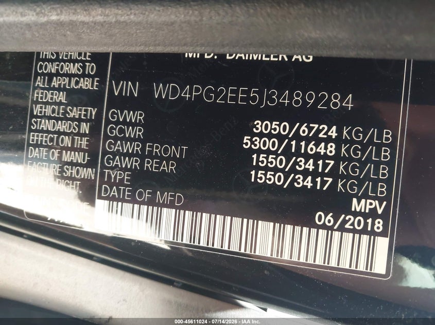2018 Mercedes-Benz Metris VIN: WD4PG2EE5J3489284 Lot: 45611024