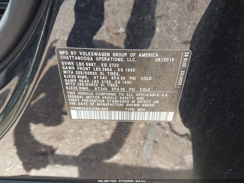 2018 Volkswagen Atlas 3.6L V6 Sel Premium VIN: 1V2NR2CAXJC591853 Lot: 45611025
