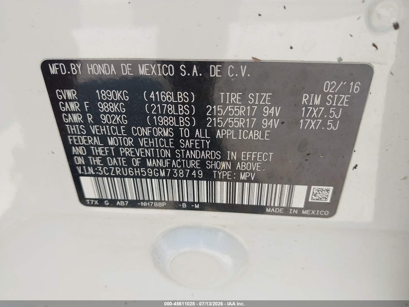 2016 Honda Hr-V Ex VIN: 3CZRU6H59GM738749 Lot: 45611028