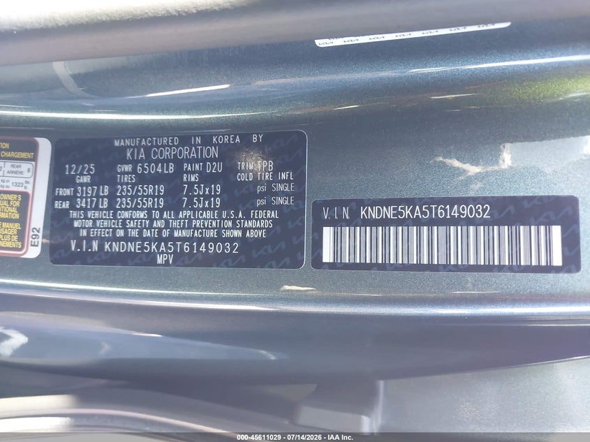 2026 Kia Carnival Mpv Hybrid Sx VIN: KNDNE5KA5T6149032 Lot: 45611029
