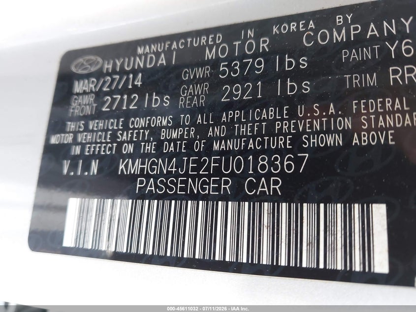 2015 Hyundai Genesis 3.8 VIN: KMHGN4JE2FU018367 Lot: 45611032