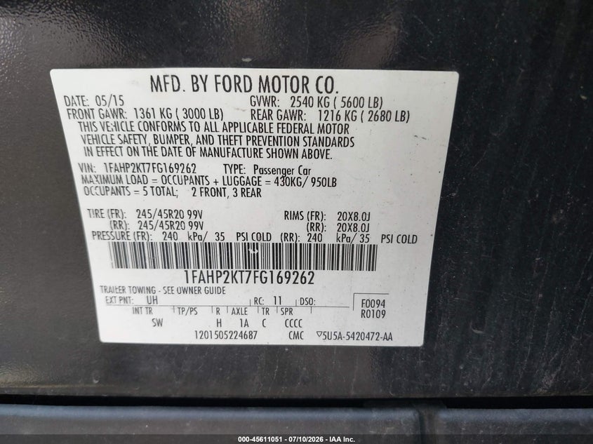 2015 Ford Taurus Sho VIN: 1FAHP2KT7FG169262 Lot: 45611051