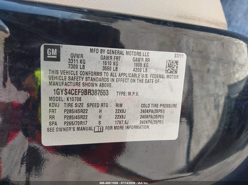 2011 Cadillac Escalade Premium VIN: 1GYS4CEF9BR387653 Lot: 45611058