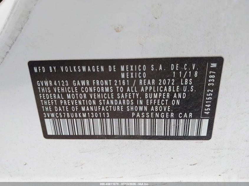 2019 Volkswagen Jetta 1.4T R-Line/1.4T S/1.4T Se VIN: 3VWC57BU8KM130113 Lot: 45611078