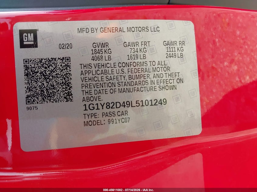 2020 Chevrolet Corvette Stingray Rwd 3Lt VIN: 1G1Y82D49L5101249 Lot: 45611082