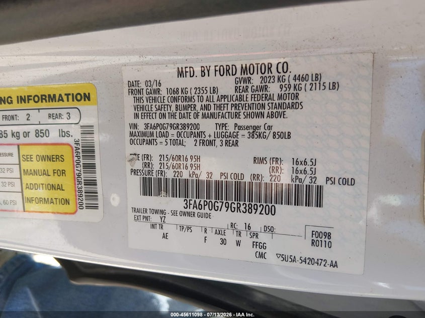 2016 Ford Fusion S VIN: 3FA6P0G79GR389200 Lot: 45611098