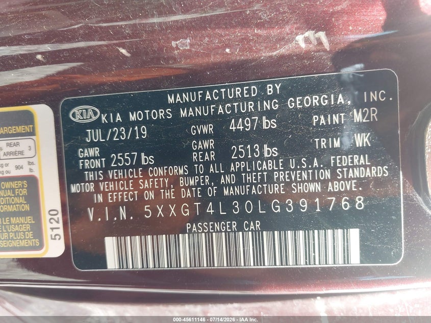 KIA OPTIMA 2020 VIN 5XXGT4L30LG391768