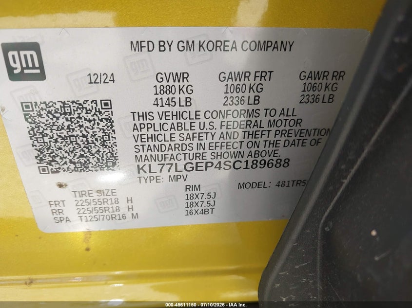 2025 Chevrolet Trax Fwd 1Rs VIN: KL77LGEP4SC189688 Lot: 45611150