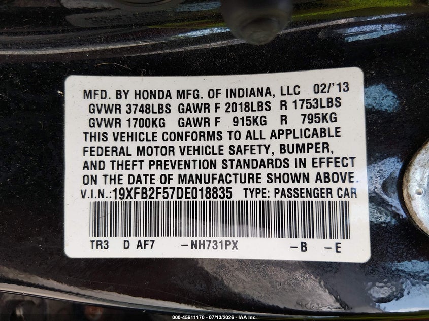 2013 HONDA CIVIC SEDAN 1.8L I-4 VVT, 140HP