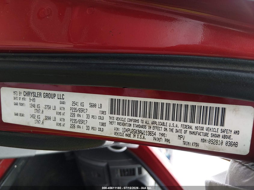 2010 Dodge Nitro Se VIN: 1D4PU2GK8AW113654 Lot: 45611180