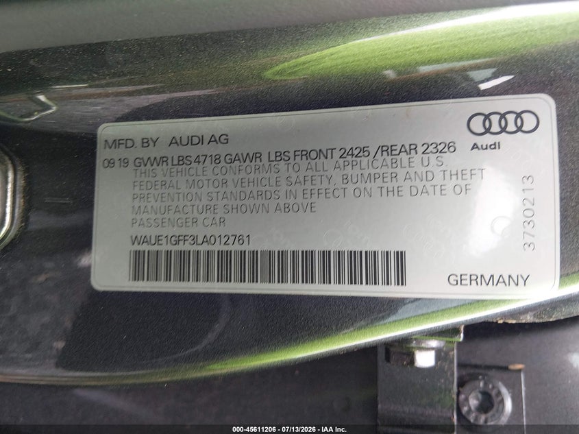 2020 Audi S3 Premium Plus Tfsi Quattro S Tronic VIN: WAUE1GFF3LA012761 Lot: 45611206