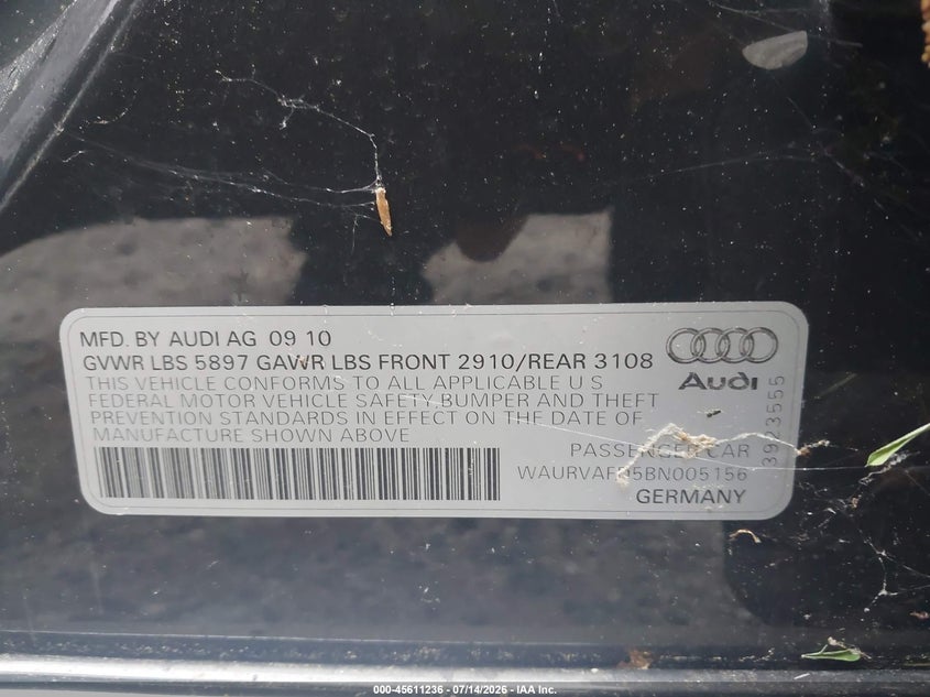 2011 Audi A8 L 4.2 VIN: WAURVAFD5BN005156 Lot: 45611236